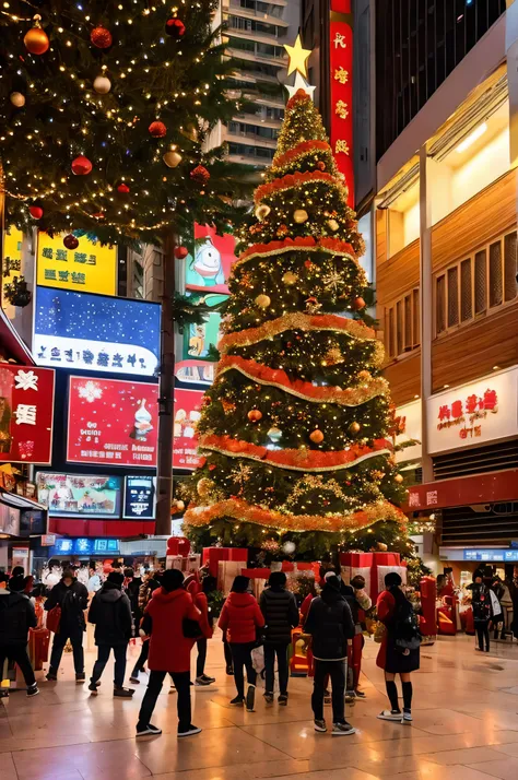 Draw me a cartoon of a Christmas Eve scene in West Kowloon, Hongkong：The picture should include the tall Christmas tree in West Kowloon and the scene of a group of young people happily surrounding the tree.