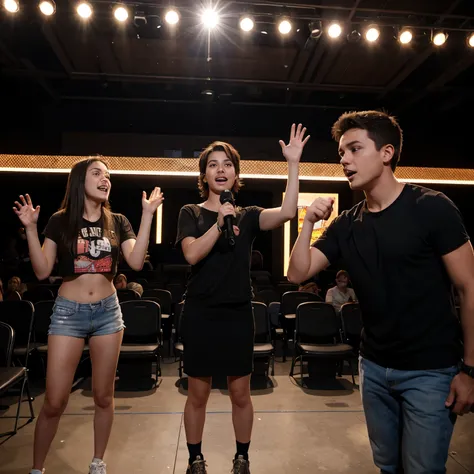 stand up comedy show in an open space
featuring 2 teenage boys and 1 middle-aged girl shows a funny scene, while around him the audience is excited