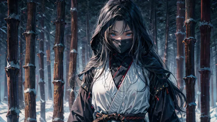 4K, realistic, in great detail, dark night, ((very delicate eyes)) Blind eyes, There is a girl in the bamboo forest, she is a ninja, Sharp eyes behind the mask covering the face, super big, big bust, He holds two delicate-looking daggers in both hands., Tw...