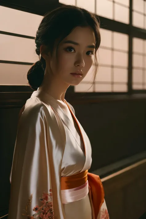 1 girl, Silk Camisole, short kimono, Satin High-waisted Briefshigh quality, stoic cinematic 4k, masterpieces, 