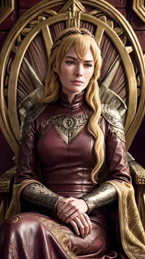 lenaheadey as cersei lannister, ((long blonde locks)), in a maroon leather dress is sitting on the iron throne, by quentin taran...