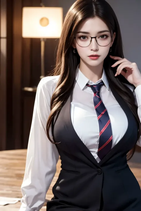 There is a woman in a suit and tie posing for a photo, strict suit, Wearing a strict suit, hyperactual schoolgirl, a hyperactual schoolgirl, Wearing a strict suit, Dressed as principal, sakimicchan, actual , Qingfu, jk, stockings and skirt, Dress neatly, s...