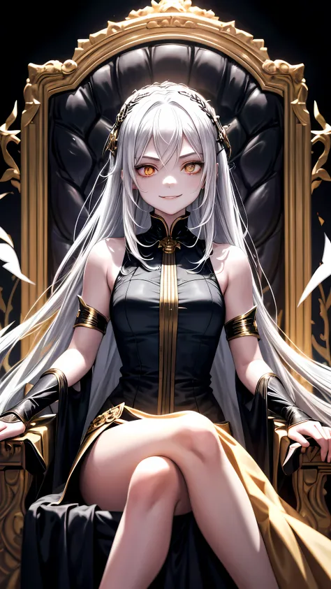 A girl was sitting on a throne, her appearance had long white hair, and golden eyes. The girl smiled sadistically at the screen,The girl was wearing a sleeveless and shoulderless dress. (Masterpiece), (Highquality), (Very detailed), (Perfect picture), (Dar...