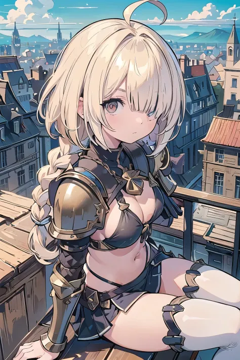 masterpiece, medieval townscape　horizon　Upper body　girl　((((bikini armor))))　skirt　Thighhighs　sitting　clear　blonde　((((((hair over one eye)))))), Braid Styles, spiked hair, blunt bangs, bob hair, a braid, Ahoge　red eyes　looking at the viewer　Expressionless...