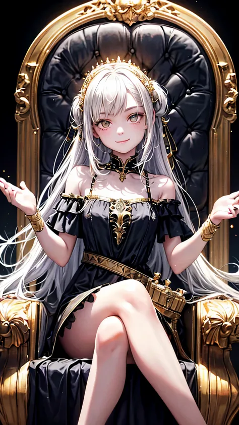 A girl was sitting on a throne with her legs crossed, the girl smiled sweetly. The girl wore a sleeveless and off-the-shoulder dress, the girl also had long white hair and gold cat eyes. (Masterpiece), (Highquality), (Very detailed), (Perfect picture), (Da...