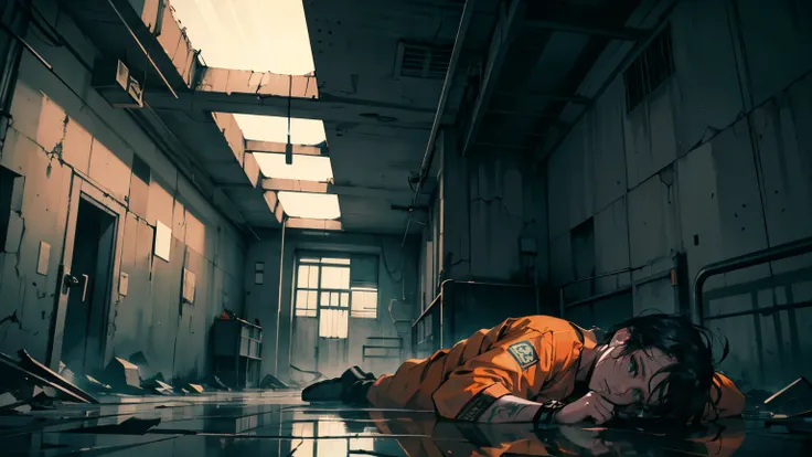 prisoner dressed in orange,escape attempt,electric shock,teser,unconscious,guard,orange jumpsuit,captivity,restraint,motionless body,concrete floor,gloomy atmosphere,grim surroundings,iron bars,prison cell,desperation,struggle,fearful expression,security,g...