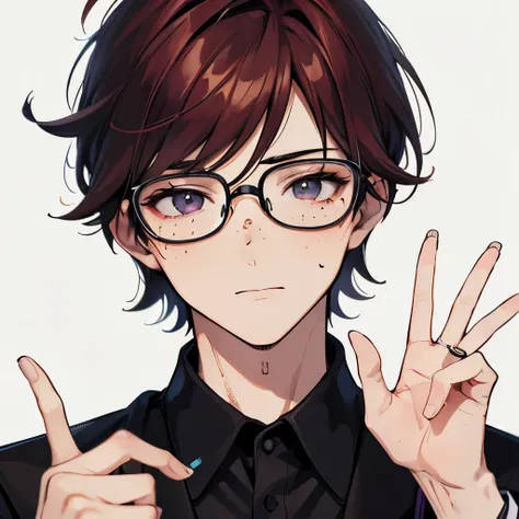 A nerdy male, auburn hair, dark black eyes, face close up, face picture, glasses, nerd boy, freckles, dweeb, geek, peace sign, one hand