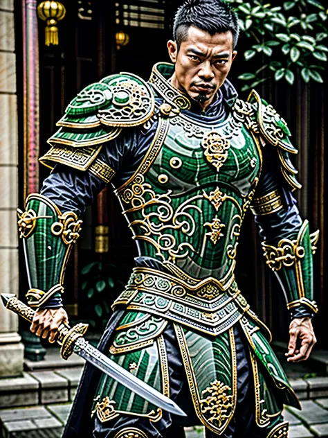 photo of a (chinese man), wearing jade knight armor, (holding sword), muscular, realistic, masterpiece, intricate details, detai...