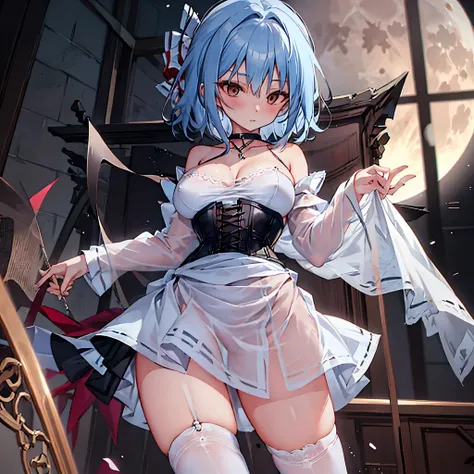 Remilia toho character, (solo:1.2), (standing on deck of mansion:1.1), a full moon, midnight, BREAK, short hair, collarbone, (very perky large breasts), (emphasize cleavage), (inconceivably thin waist:1.3), (very short thin torso:1.2), very long (thin legs...