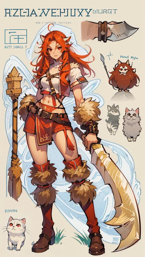 character design sheet, tall, female, adult barbarian, fur clothes, long leather boots, skimpy, exposed legs, toned abs, long ginger hair, red eyes, confident expression, white background, holding a big axe, cat ears, big, fluffy tail