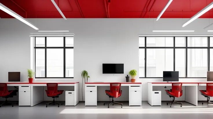 white future technology, white background, work office, robot teacher, a lot of student, red, have a board