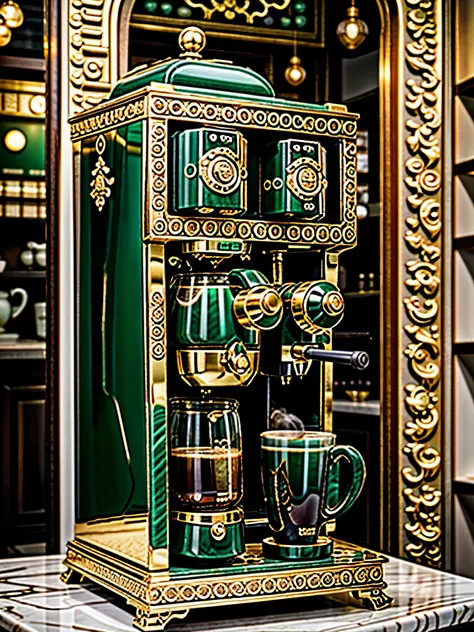 photo of an ornate (gold jade coffee machine), cafe, realistic, masterpiece, intricate details, detailed background, depth of fi...