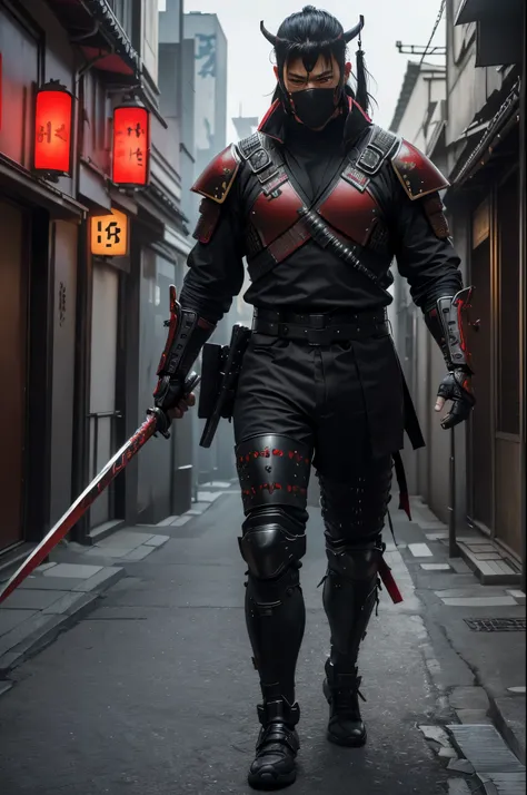 (best quality,4k,8k,highres,masterpiece:1.2),ultra-detailed,(realistic,photorealistic,photo-realistic:1.37),urban samurai wearing a demon mask,full body,armed with a long and large Japanese sword,facing front,red and black cyberpunk military cloth armor,cy...