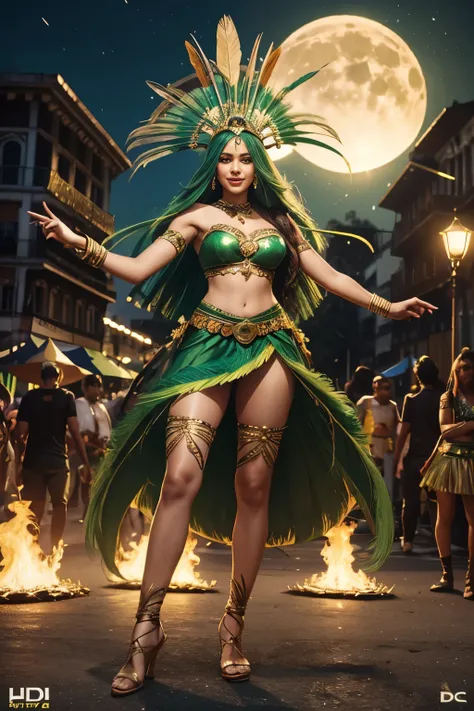 Queen of Carnival: Fire (DC Comics), full body, beautiful young woman with long green straight green hair, hair on green fire, wearing a skirt and top both made of greenish peacock feathers, indigenous Brazilian headdress made of green fire, headdress on f...