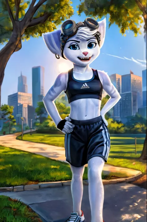 Rivet, furry girl, young,adidas nylon gym shorts, adidas nylon sports bra , adidas sports shoues, city park, evening sun, detailed body fur, detailed body, detailed eyes, detailed face, wet fur, skinny, high quality, masterpiece, small breasts, goggles, :D...