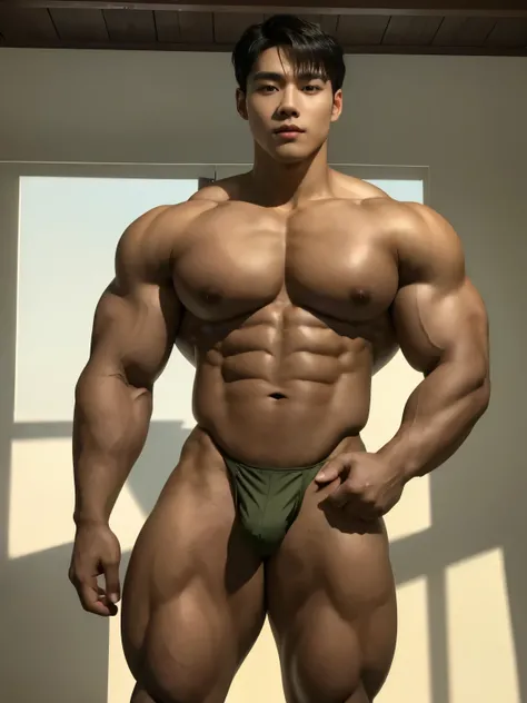 arafed handsome vietnamese male model, young boy, sexy and cute, boyfriend materials, 19 years old, confident, cocky, mischievous, soft smile, detailed face, detailed skin, dark skin, oiled skin, glistening skin, pores, wearing sexy dark olive green thong,...