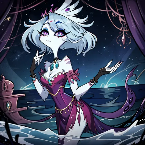 In the solitary realm of Hazbin Hotel, a captivating feminine siren demon emerges as the sole character, adorned in deep ocean-colored body, hair, and eyes. With her ethereal appearance, she exudes allure and mystique, resembling the depths of the ocean it...