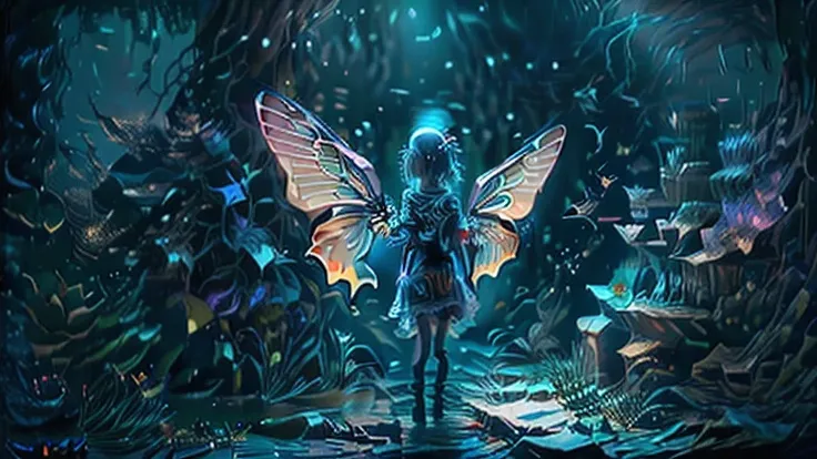 A cute girl with glowing butterfly wings in a dim forest is turning her back。