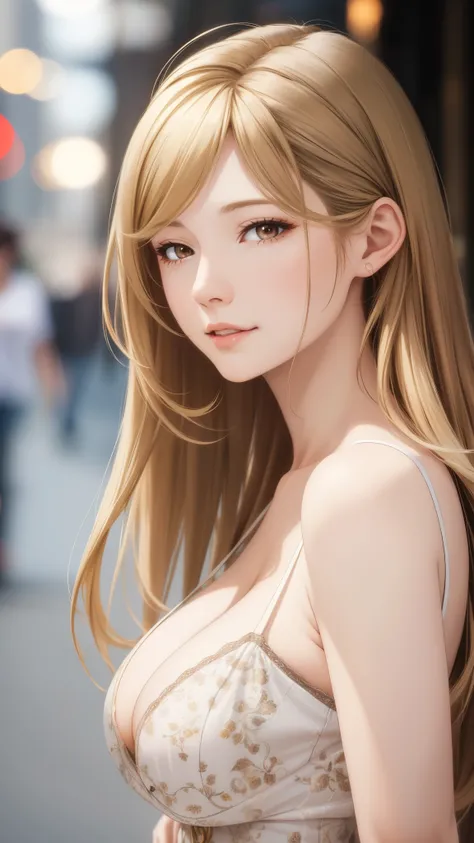 (best quality, highres, masterpiece, illustration), older sister type adult woman, long hair, ((swept-side bang)), [[[brown hair]]], blonde hair, brown eyes, casual clothes, cleavage, walking on the street scene, bokeh, ultra detailed face, soft light