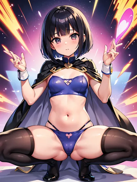 super girl elementary school student, masterpiece, highest quality, abstract, psychedelic, neon, (honeycomb pattern), (creative:1.3), fantasy 00d、 black hair、bob cut with trimmed ends、flat chest、Thin crotch、lolicon、belly button、High-leg style、white cloak w...