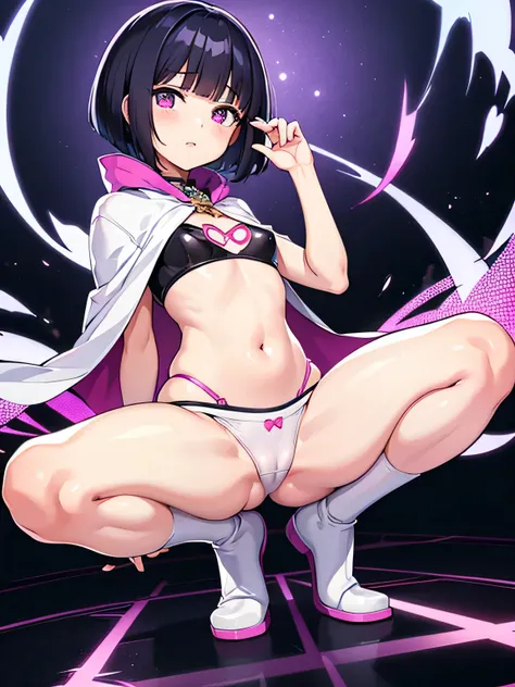 super girl elementary school student, masterpiece, highest quality, abstract, psychedelic, neon, (honeycomb pattern), (creative:1.3), fantasy 00d、 black hair、bob cut with trimmed ends、flat chest、Thin crotch、lolicon、belly button、High-leg style、white cloak w...