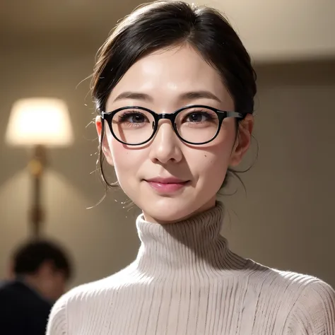 (highest quality、table top、8K、best image quality、Award-winning work、ultra high resolution)、1 girl、(1 50 year old mature woman:1.1)、(wrinkled face:1.1)、(Turtleneck knitwear:1.3)、elegant hairstyle、(Classy glasses:1.1)、epic movie lighting、very moody and roman...