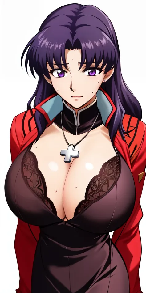 Katsuragi_Misato,large breast, Are standing, alone, Misato_cross_necklace, black_pencil_dress_expensive_collar_red_Jacket, masterpiece, highest quality, detailed face, expensiveres,sweat,tired,clothed bra,(slender:1.4)