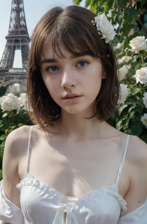 (best quality,hyper-realistic,ultra-detailed,8k), teenager, fifteen years old, shy, sad, paleness, big blue eyes, very white skin, small nose, short brown hair with bangs, melancholy, delicate, feminine, skinny body, garden of thousand white roses, Eiffel ...