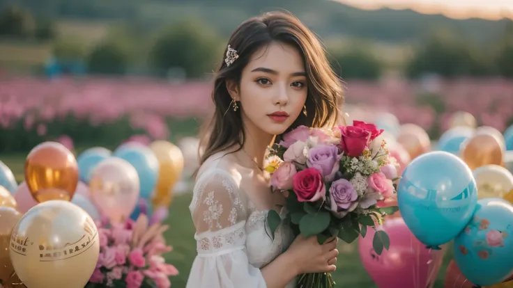 30 year old woman holding bouquet of roses, full-body shot, wide-angle lens, colorful balloons floating in the sky，grassland,dan...