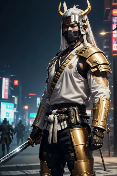 (best quality,4k,8k,highres,masterpiece:1.2),ultra-detailed,(realistic,photorealistic,photo-realistic:1.37),(urban samurai wearing a demon mask:1.35),full body,(armed with a long and large Japanese sword),(facing front),(white and gold cyberpunk military c...