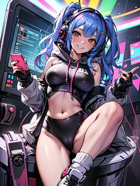 (highest quality), Angle from the front:1.2,1 female, alone, Shining school swimsuit,double big round eyes,two tone hair,((two side up)),red eyes, (black skin),blush,smile, (open chest:1.1),Cyberpunk world,dynamic composition,big breasts,Socks above the kn...