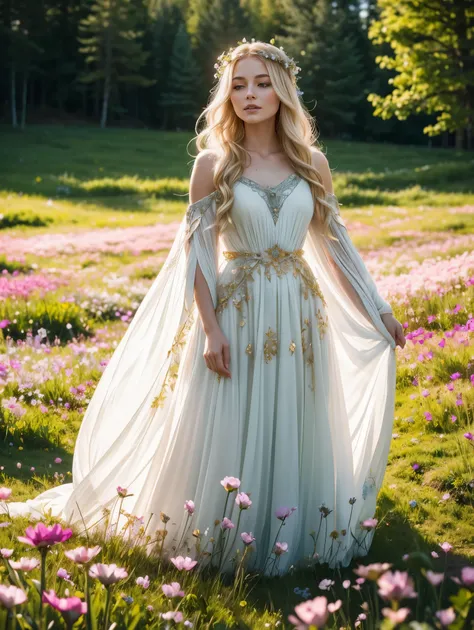 A graceful Nordic spring goddess standing amidst a vibrant meadow of blooming flowers, radiating ethereal beauty and wearing a flowing gown that reflects the colors of the season. Her golden hair softly illuminated by the warm sunlight, she exudes an aura ...