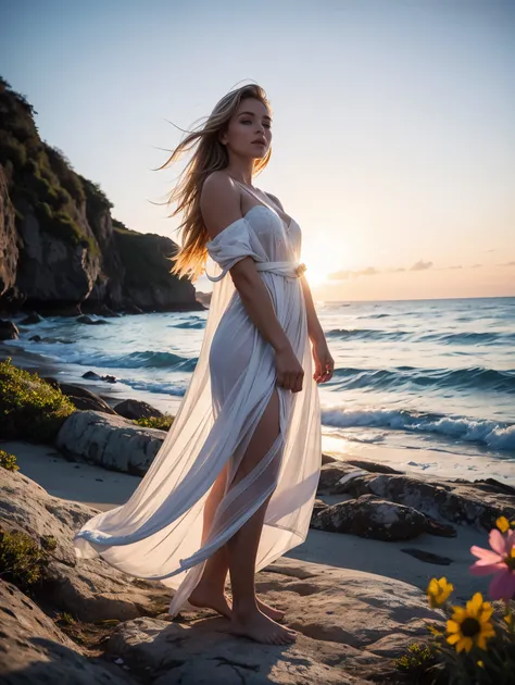 A breathtaking Nordic summer goddess, adorned in flowing white ethereal robes, standing barefoot on a golden beach, surrounded by vibrant wildflowers with the majestic azure sea and a vibrant sunset in the background, casting a warm glow on her radiant pre...