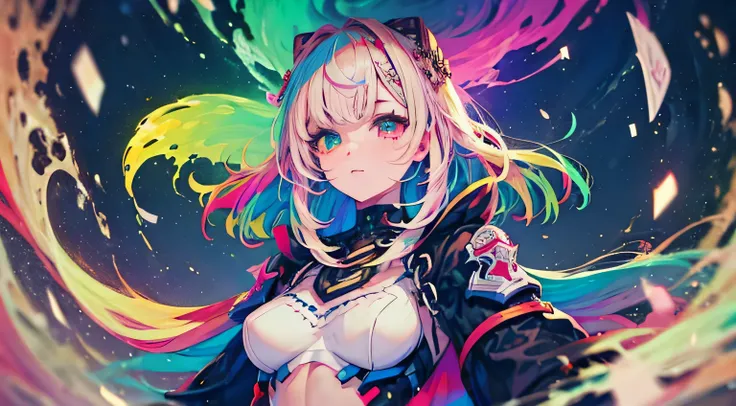 {{masterpiece}}, best quality, cinematic lighting, lens flare, medium breasts, beautiful detail eyes,  multicolor hair, colorful retro light particles, heterochromia, (colorful:1.5), (colorful hair:1.5),