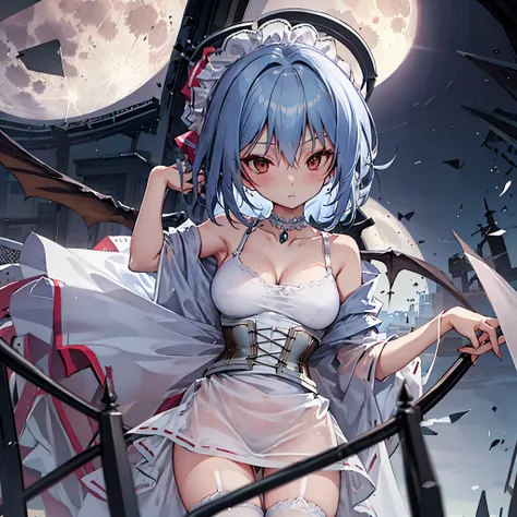 (Remilia toho character), (solo:1.2), (standing on deck of mansion:1.1), a full moon, midnight, BREAK, short hair, collarbone, (very perky large breasts), (emphasize cleavage), (inconceivably thin waist:1.3), (very short thin torso:1.2), very long (thin le...