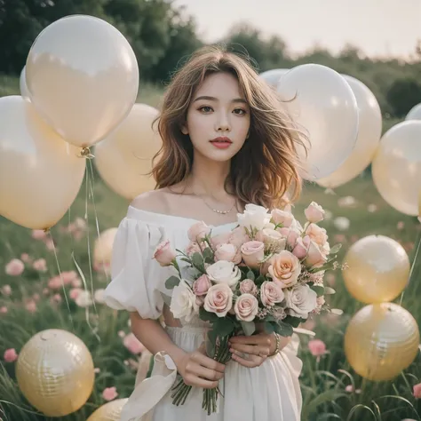 30 year old woman holding roses, full-body shot, wide-angle lens, pastel colorful balloons floating in the sky，grassland, dance,...