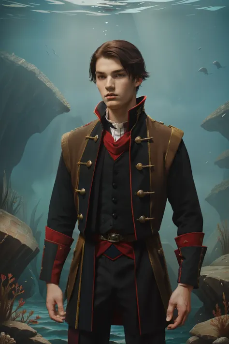 England, 1327. A young ((((20-year-old)) Ralph Fitzgerald)), intense eyes, ambitious, tall, athletic, river, ((underwater, swimming, holding his breath)). ((((clothings from the 1300s, red and black squire uniform)))), ((dark hairstyle of the 1300s))