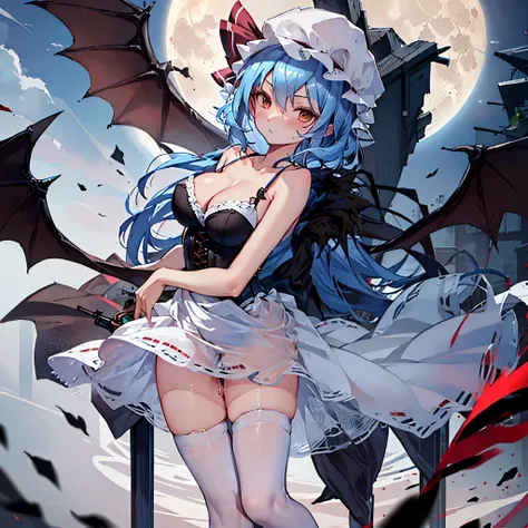 (Remilia toho character), (solo:1.2), (standing on deck of mansion:1.1), a full moon, midnight, BREAK, short hair, collarbone, (very perky large breasts), (emphasize cleavage), (inconceivably thin waist:1.3), (very short thin torso:1.2), very long (thin le...