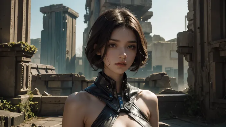 Beautiful woman dressed in futuristic clothing. Twenties. Dark brown hair. She is looking at the camera with a serious expression. In the space behind her are the ruins of a lost ancient civilization.