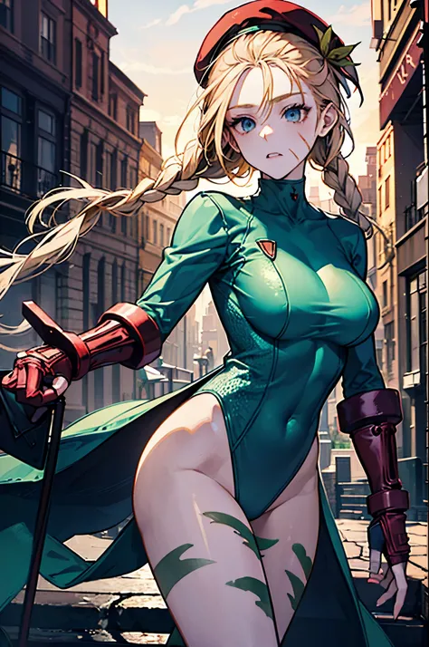 masterpiece, best quality, highres, 1girl, cammy white, twin braids, long hair, blonde hair, antenna hair, beret, (red headwear:1.3), blue eyes, scar on cheek, green leotard, large breasts, sleeveless, red gloves, fingerless gloves, camouflage, cowboy shot...