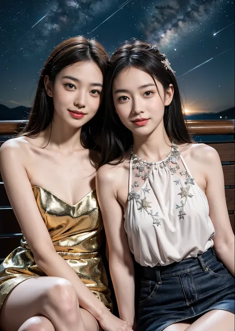 smile,face focus, meteor shower in the starry sky, Lesbian couple sitting together looking at the stars,stare intently:1.3, Exploding Planet,masterpiece, highest quality, intricate details, absurd,(Ulchan-6500-v1.1,Pure erotic face_v1,cg)、two faces are dif...