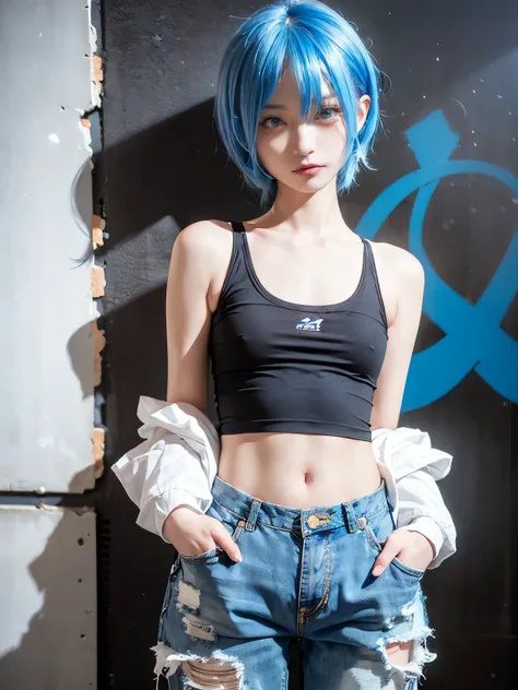 raw photo, 8k, (top-quality), Realistic, (real picture, Intricate details), (natural skin texture, detailed skin, hyper realism, sharpness), (Japanese teenage girl standing in a dirty back alley at night, graffitied wall:1.3, hands in pockets), ((tight whi...