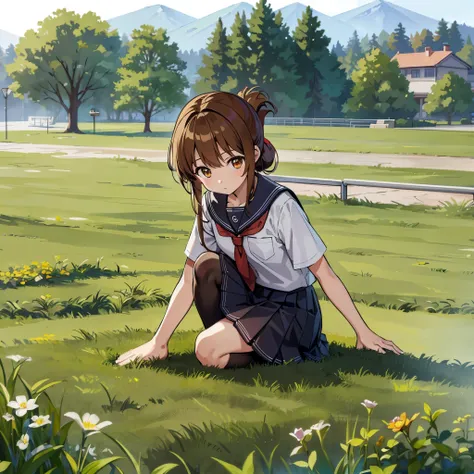 (masterpiece, highest quality:1.2),figure,8K,HD,1 girl,alone,Upper body,(portrait:1.2),Brown_hair,folded_ponytail,Brown_eye,serafuku,length_hair,School_uniform,skirt,pleats_skirt,