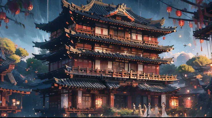 （tmasterpiece：1.2），best qualtiy，realisticlying，Tyndall effect，Underworld marriage，natta， Lanterns， The tree， scenecy， exteriors， 1boys， 独奏， brunette color hair， Japanese clotherom back， malefocus， standing on your feet， east asian architecture， buliding， S...