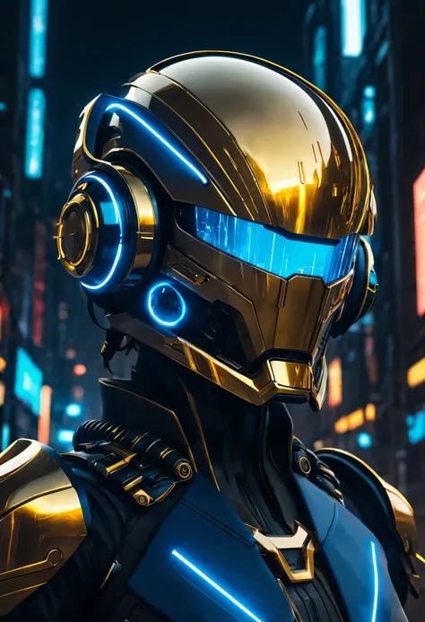 (best quality,4K,8k,high resolution,masterpiece:1.2),Super detailed,actual:1.37,Glowing cyberpunk future golden helmet,neon color,cybernetic enhancement,Chrome finish,Sharp reflexes,future technology,反乌托邦city View,High-tech interface,city View,city lights ...