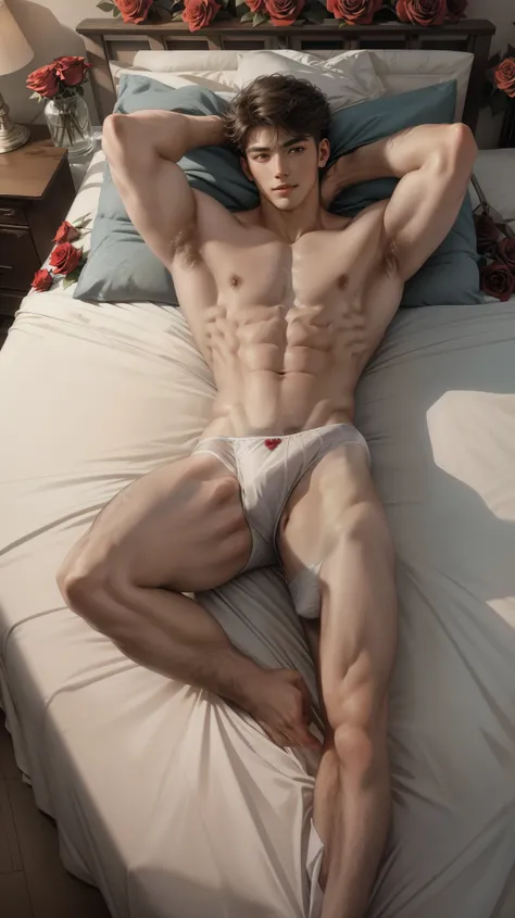 1 man, (male model) hot skin, masterpiece, best quality, most handsome man in the world, by Shen Quan, perfect body, beautiful male model, an attractive man 18-24 years old aesthetic, valentines, red roses, roses bed, rose trees, vivid flowers, rough and h...