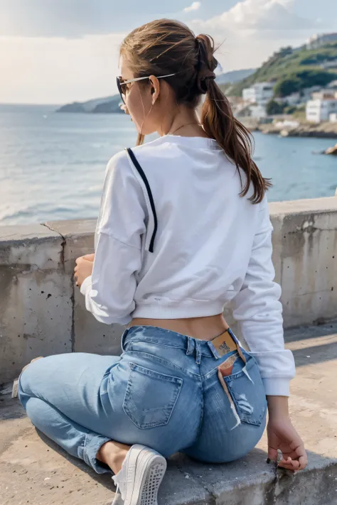 As the sun sets over the Bosfor Βόσπορος, a young Distance from view, Back view, A young ((Stylish happy girl age 18-25 wearing boyfriend jeans)) with sunglasses ((white sneakers bright)) ((white sweatshirt)) ((white jeans)) takes a break from the game to ...