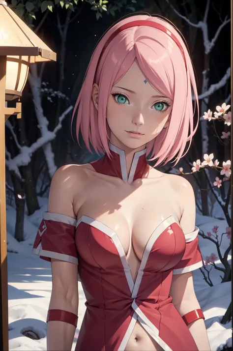 full body,landscape, nature background,masterpiece, Cherry blossom forest, (high detal:1 1), Natural skin, high qulity, NSFW, Naruto Sakura，A pink-haired，short detailed hair，Green eyes，（Large breasts:1.2），（Off-the-shoulder attire:1.5），Leaking out of the sh...