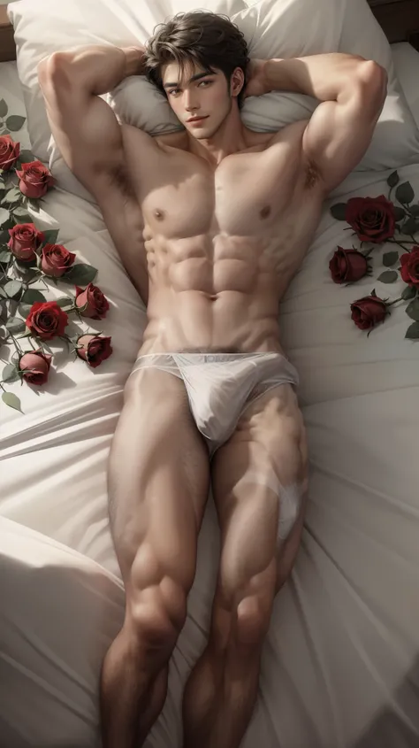 Realistic photo of 1 man, (male model) hot skin, masterpiece, best quality, most handsome man in the world, by Shen Quan, perfect body, beautiful male model, an attractive man 18-24 years old aesthetic, valentines, red roses, roses bed, rose trees, vivid f...