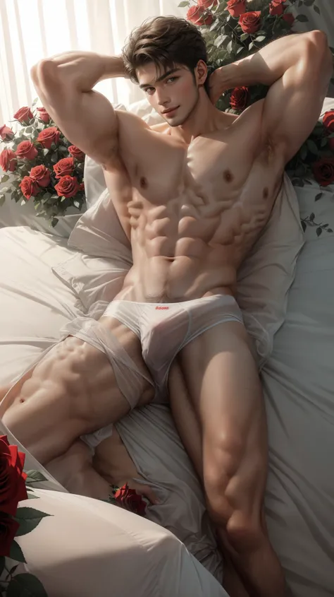 Realistic photo of 1 man, (male model) hot skin, masterpiece, best quality, most handsome man in the world, by Shen Quan, perfect body, beautiful male model, an attractive man 18-24 years old aesthetic, valentines, red roses, roses bed, rose trees, vivid f...